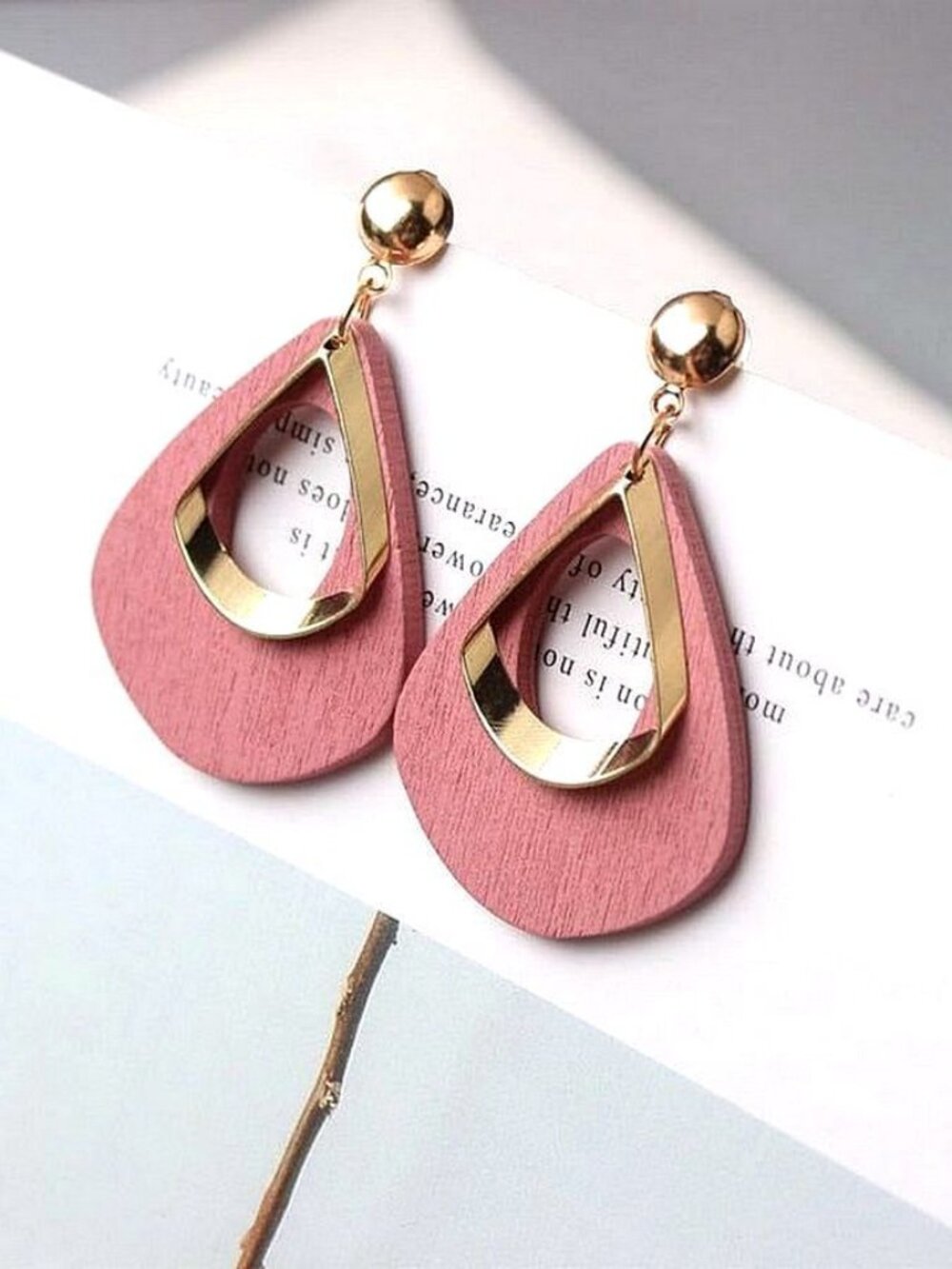 Kaylie Blush Pink Press Cut Wood Gold Layer Teardrop Earrings Gift Packaged